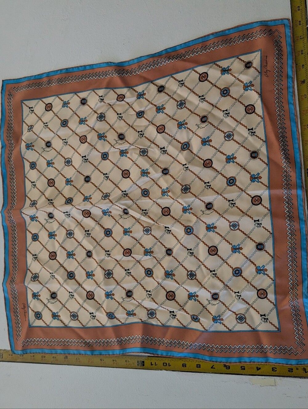 Vintage Oleg Cassini Square Scarf Ivory Dusty Rose Blue Geometric Medallion